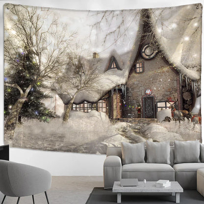 Decobites Christmas Snow House Tapestry Wall Hanging Landscape Art Home Decor