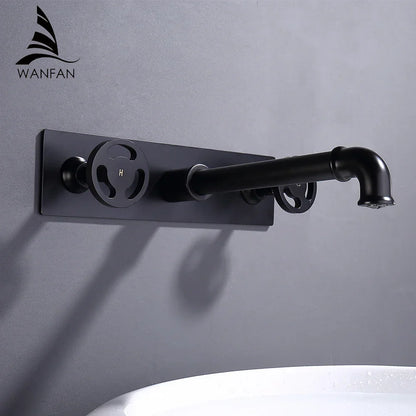 Grifo de lavabo de pared DecorBites™ de estilo industrial, color negro, con doble manija