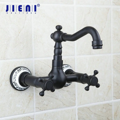 DecorBites™ Black Swivel Wall Mounted Bathroom Faucet with Ceramic Base - 2 Handles