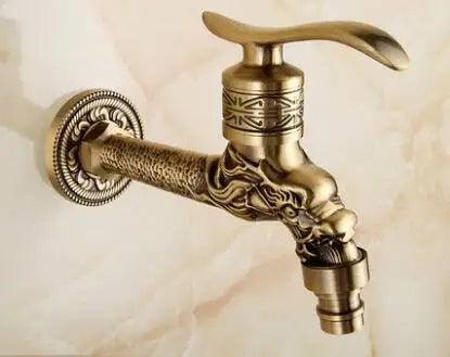 Grifos de jardín DecorBites™ de latón antiguo tallado con forma de dragón, monomando de agua fría para exteriores ★