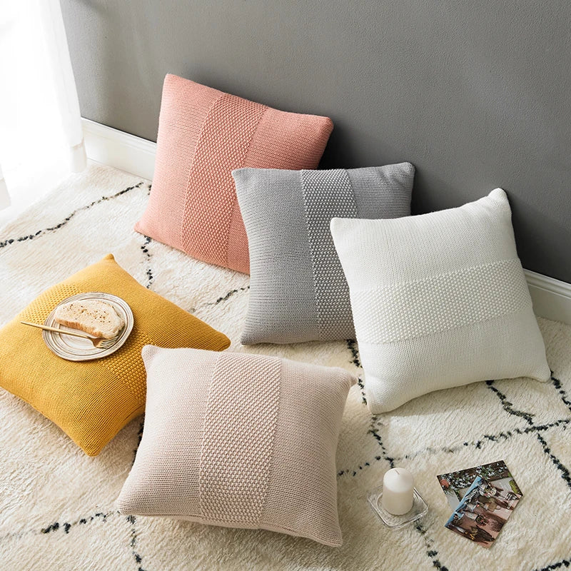 DecorBites™ Knit Cushion Cover 45x45cm Solid Cotton Pillow Pink Ivory Grey Cream