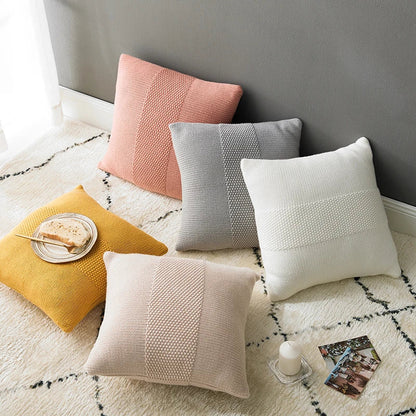 DecorBites™ Knit Cushion Cover 45x45cm Solid Cotton Pillow Pink Ivory Grey Cream