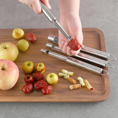 Cuchillo rebanador y quitacorazones de frutas DecorBites™, acero inoxidable, para manzanas, peras y dátiles.