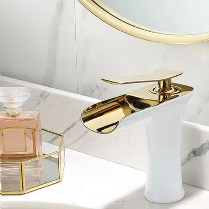 DecorBites™ Gold Waterfall Bathroom Basin Faucet, White Mixer Tap Hot Cold Sink Plugin