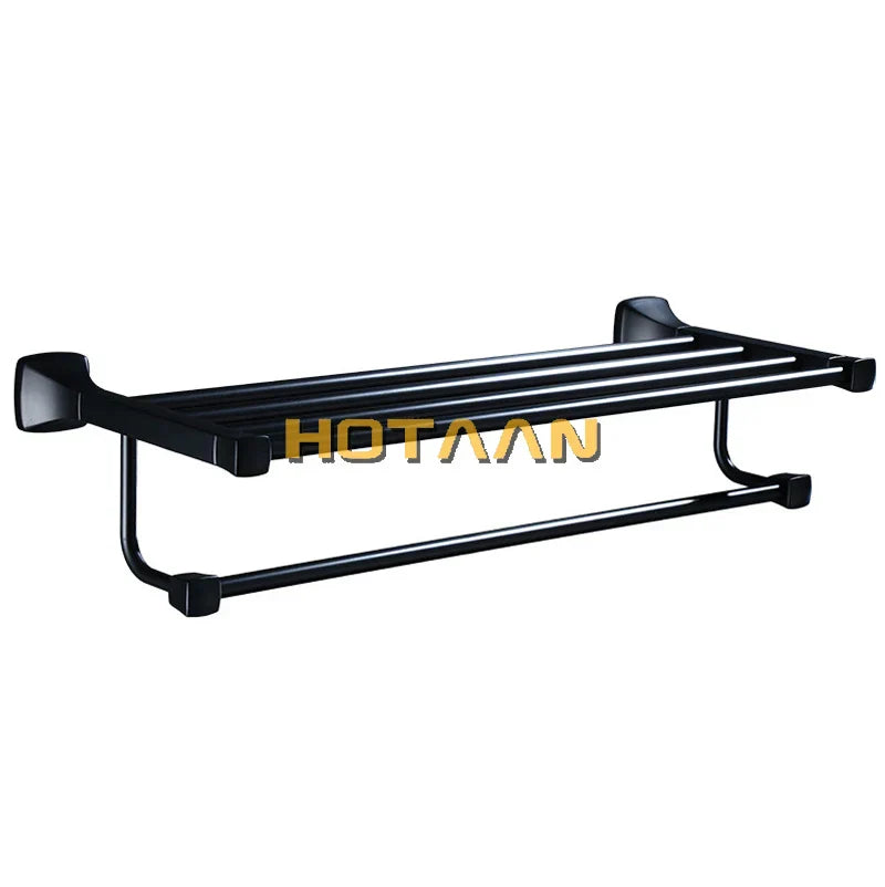 DecorBites™ Black Aluminum Towel Rack with Hook, Wall-mounted Bathroom Towel Holder and Shelf