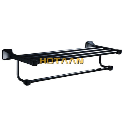 DecorBites™ Black Aluminum Towel Rack with Hook, Wall-mounted Bathroom Towel Holder and Shelf