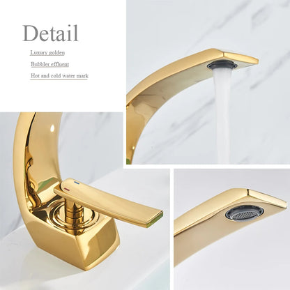 Polished Golden Bathroom Faucet Single Handle Hot Cold Mixier Tap Vanity Sink Faucet Deck Mount Crane