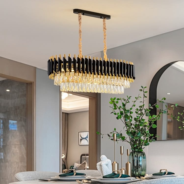 Modern black and gold luxury k9 crystal tiered chandelier with sleek circular design ideal for dining rooms featuring nebra luxury crystal chandeliers.