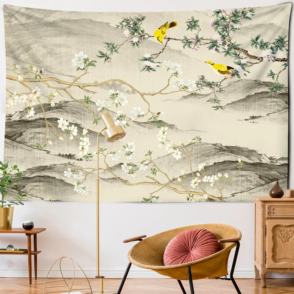 Decobites Flower Bird Print Bohemian Wall Tapestry Plum Blossom Art Carpet