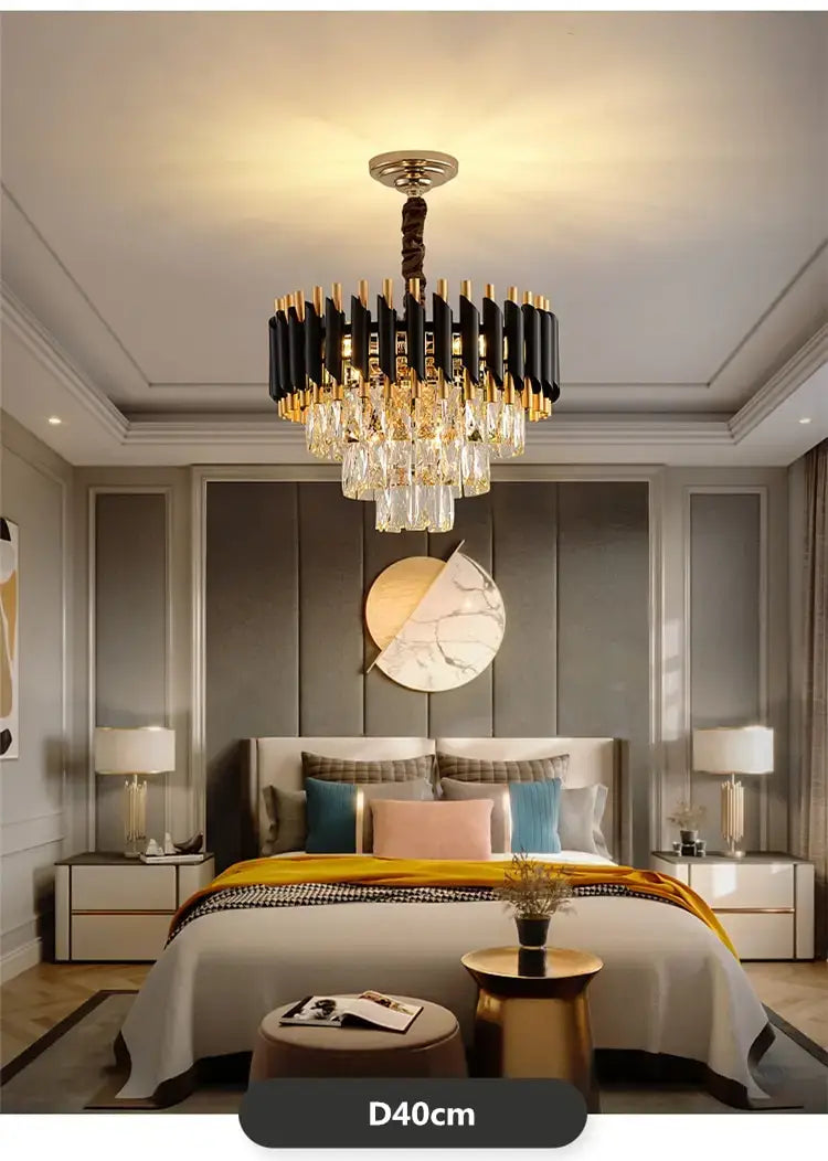 A luxury k9 crystal tiered chandelier with a circular black and gold design featuring metallic bars and clear crystal droplets for dining room lighting by Nebra luxury.