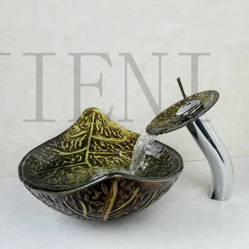 DecorBites™ Golden Leaf Vessel Glass Sink Set with Chrome Faucet
