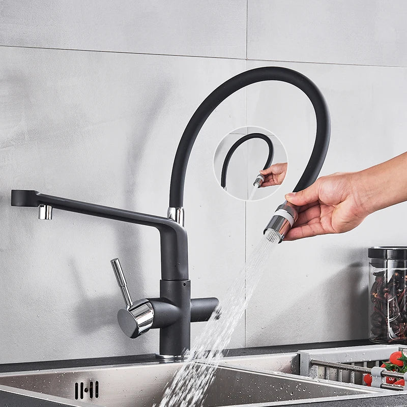 Grifo de cocina Decorbites™ en cromo negro con rotación de 360° y extracción para agua filtrada