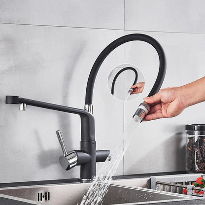 Grifo de cocina Decorbites™ en cromo negro con rotación de 360° y extracción para agua filtrada