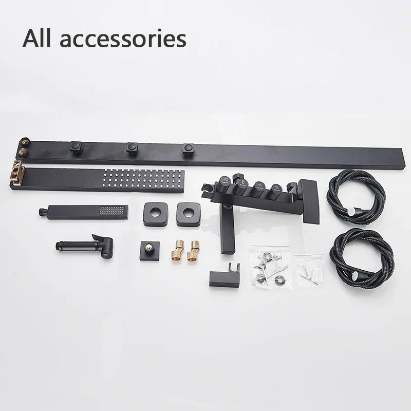 طقم دش الحمام الأسود DecorBites™ مع عمود دش مطري ونظام خلاط بيديه