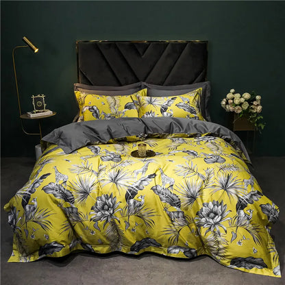 Decobites 1400TC Egyptian Cotton Bird Floral Bedding Set - Luxury 4Pcs