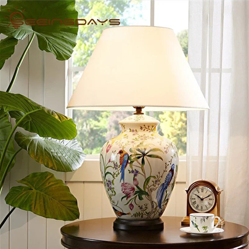 DecorBites™ Coral Flower Bird Ceramic Table Lamp Hand-Painted Crack Glaze Living Room Table Lamp