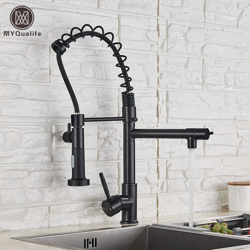 DecorBites™ Dual Spout Kitchen Sink Faucet - Matte Black Finish, Deck Mount Spring Mixer