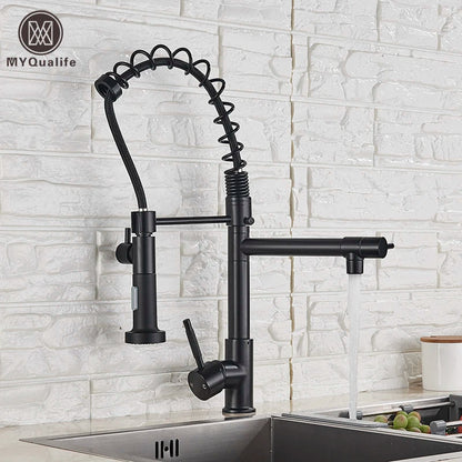 DecorBites™ Dual Spout Kitchen Sink Faucet - Matte Black Finish, Deck Mount Spring Mixer