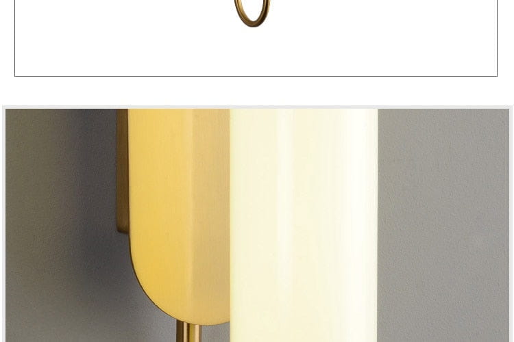 Modern minimalist gold led wall lamp featuring a sleek curved yellow and cream-colored acrylic shade mounted on a polished brass fixture for bedroom use.