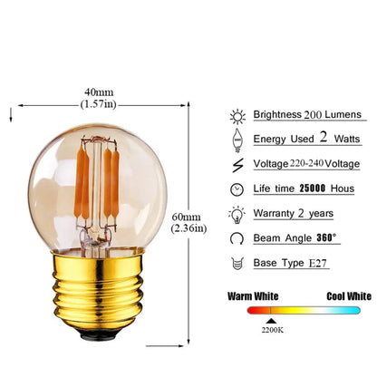 DecorBites™ G40 Edison LED Bulbs 2W E27 220V Warm White Filament Lamp for Home Garden Bar