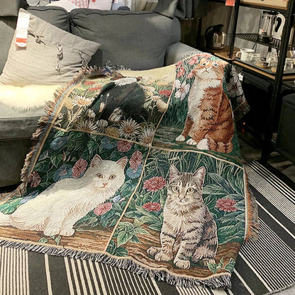 DecorBites™ Funda de sofá tejida con diseño de gato y girasol: manta multifuncional, cubrecama, alfombra y tapiz para decoración del hogar.