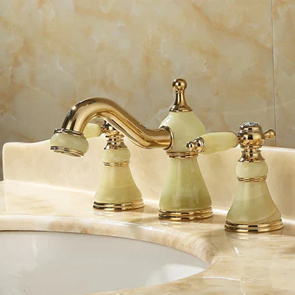 DecorBites™ Gold Brass Jade 3 Hole Widespread Basin Faucet with Double Handle