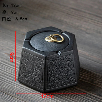 DecorBites™ Black Pottery Ashtray with Cover: Stylish, Large Capacity Ceramic Ashtray