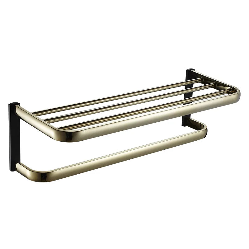 DecorBites™ Gold & Black Bathroom Hardware Set: Shelf, Towel Rack, Paper Holder, Brush Holder