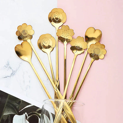 DecorBites™ Gold Flower Stainless Steel Teaspoons Set for Coffee, Desserts, and Ice Cream