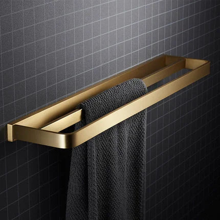 DecorBites™ Brushed Gold Bathroom Hardware Set: Towel Rack, Corner Shelf, Paper Holder, Hook, Toilet Brush Holder