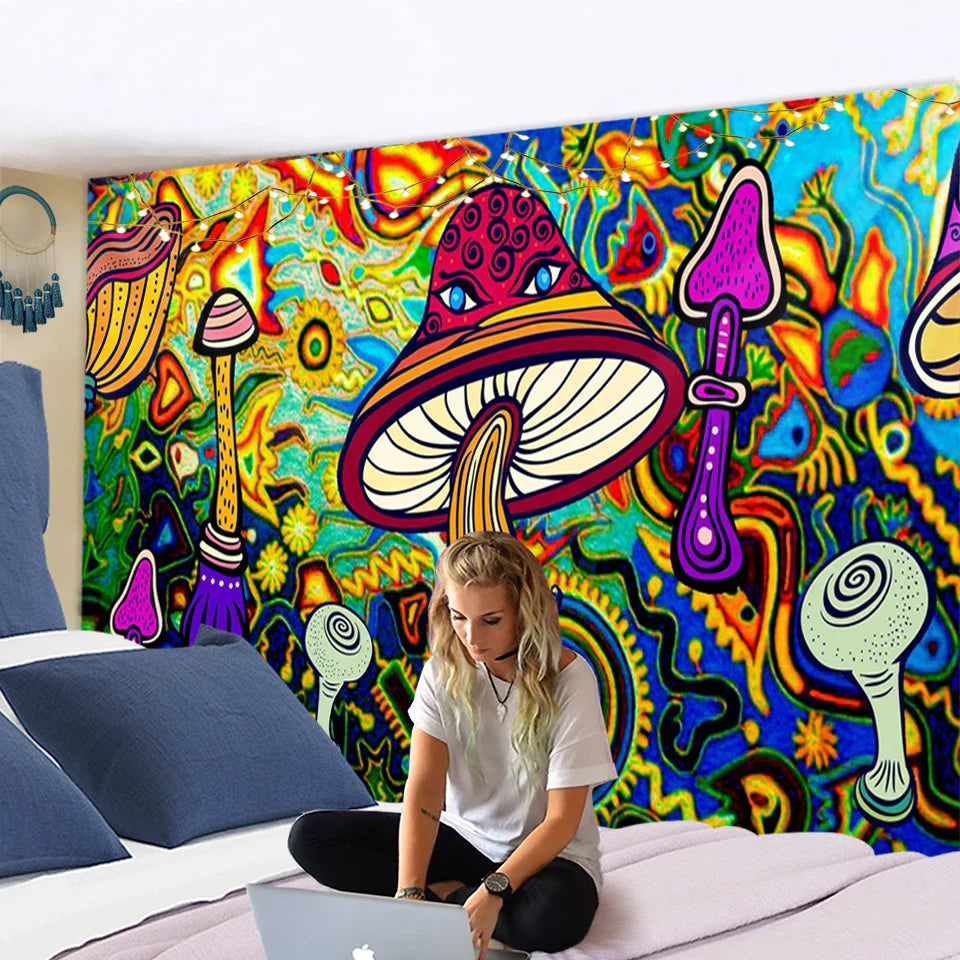 Decobites Mushroom Mandala Wall Hanging Tapestry - Bohemian Psychedelic Hippie Room Decor