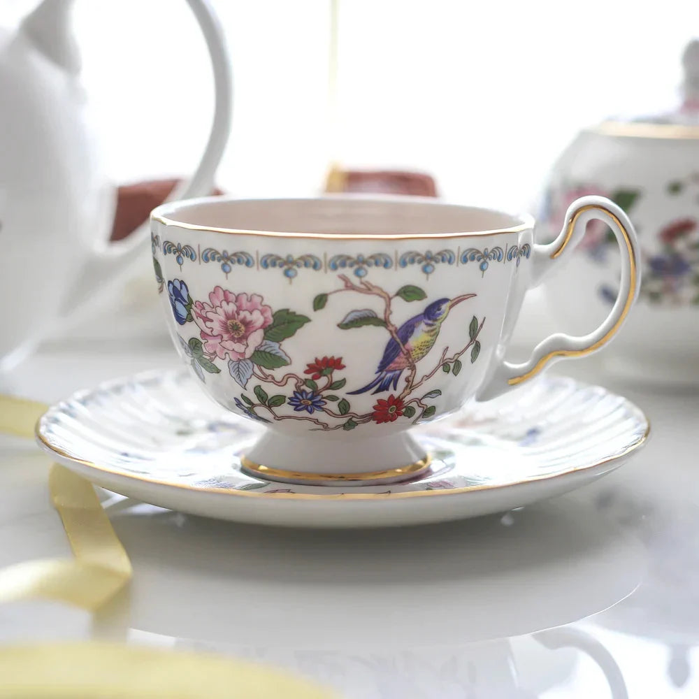 Juego de tazas de té DecorBites™ de porcelana fina, taza de té con diseño floral y plato para aperitivos, ideal para la oficina.