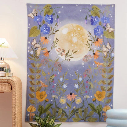 Psychedelic Moon & Starry Sky Tapestry by Decobites - Room & Dorm Decor Art