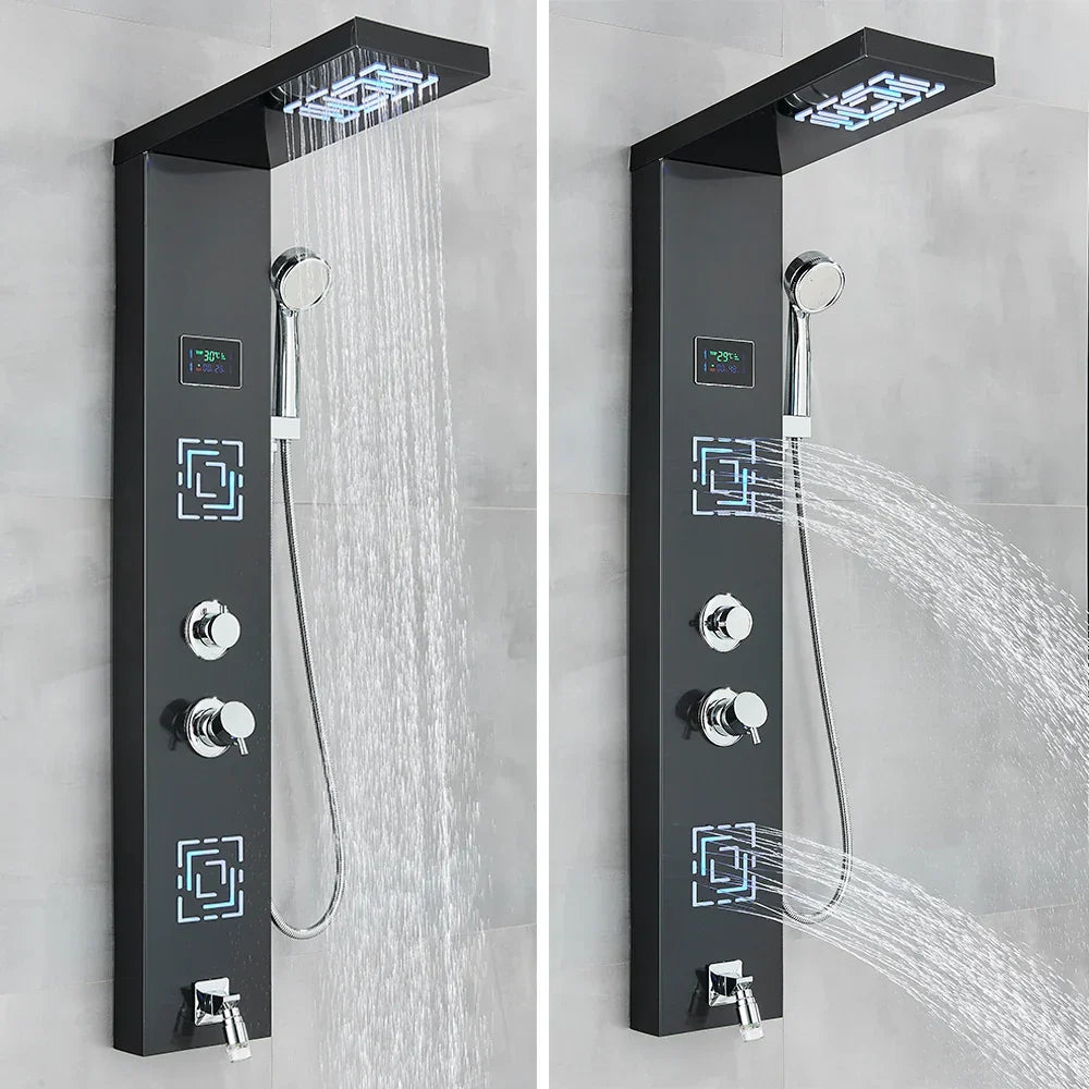 DecorBites™ LCD Black LED Rainfall Shower Panel with 5 Massage Jets Wall Mount