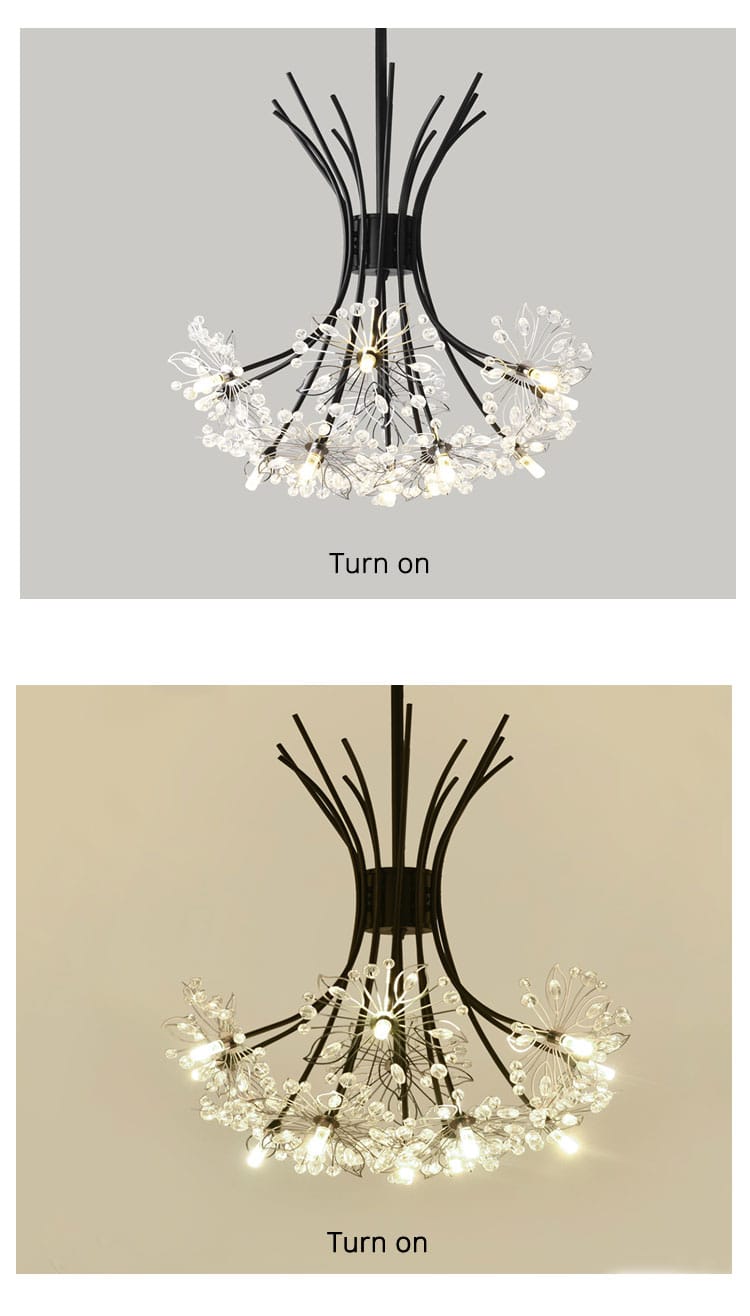 Black metal dandelion-shaped led flowers chandeliers with illuminated glass flower heads and crystals for dining room lighting.