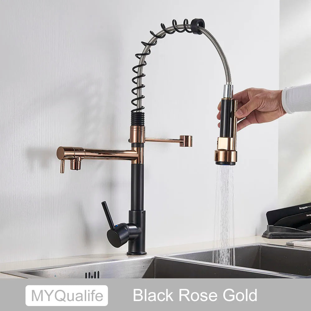 Grifo de cocina DecorBites™ de latón negro con doble caño, rotación de 360°, montaje sobre encimera