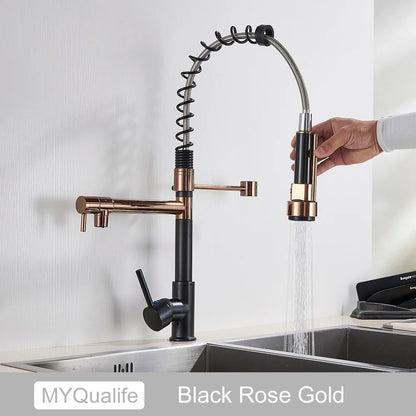 Grifo de cocina DecorBites™ de latón negro con doble caño, rotación de 360°, montaje sobre encimera