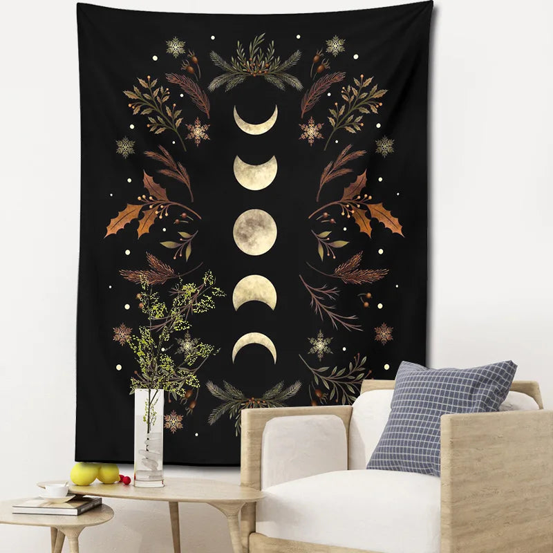 Decobites Moon Phase Boho Wall Tapestry: Black Psychedelic Carpet for Home Decor