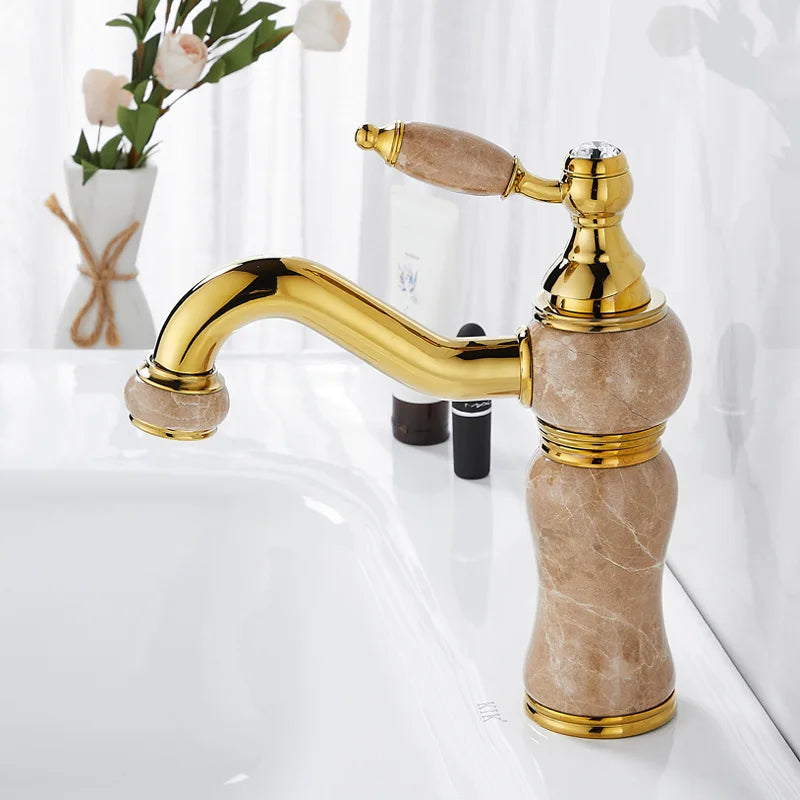 DecorBites™ Gold Brass and Marble Bathroom Basin Faucet Cold Hot Water Mixer Sink Tap
