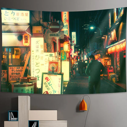 Decobites Tokyo Nightlife Tapestry: Japanese Wall Hanging Bohemian Decorative Sheet