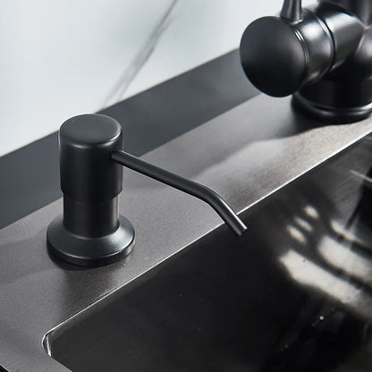 Dispensador de jabón de cocina DecorBites™ de 220 ml, negro, con cabezal de acero inoxidable y botella para detergente líquido en 3 colores.