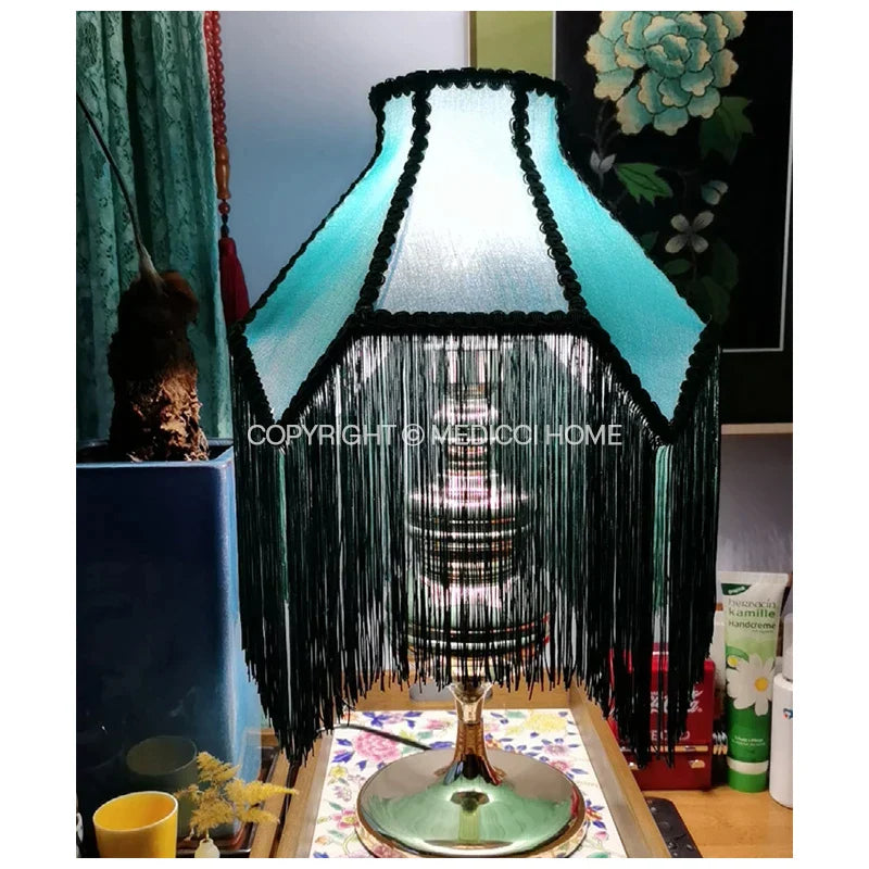 DecorBites™ Art Deco Malachite Green Silk Lampshade with Tassels