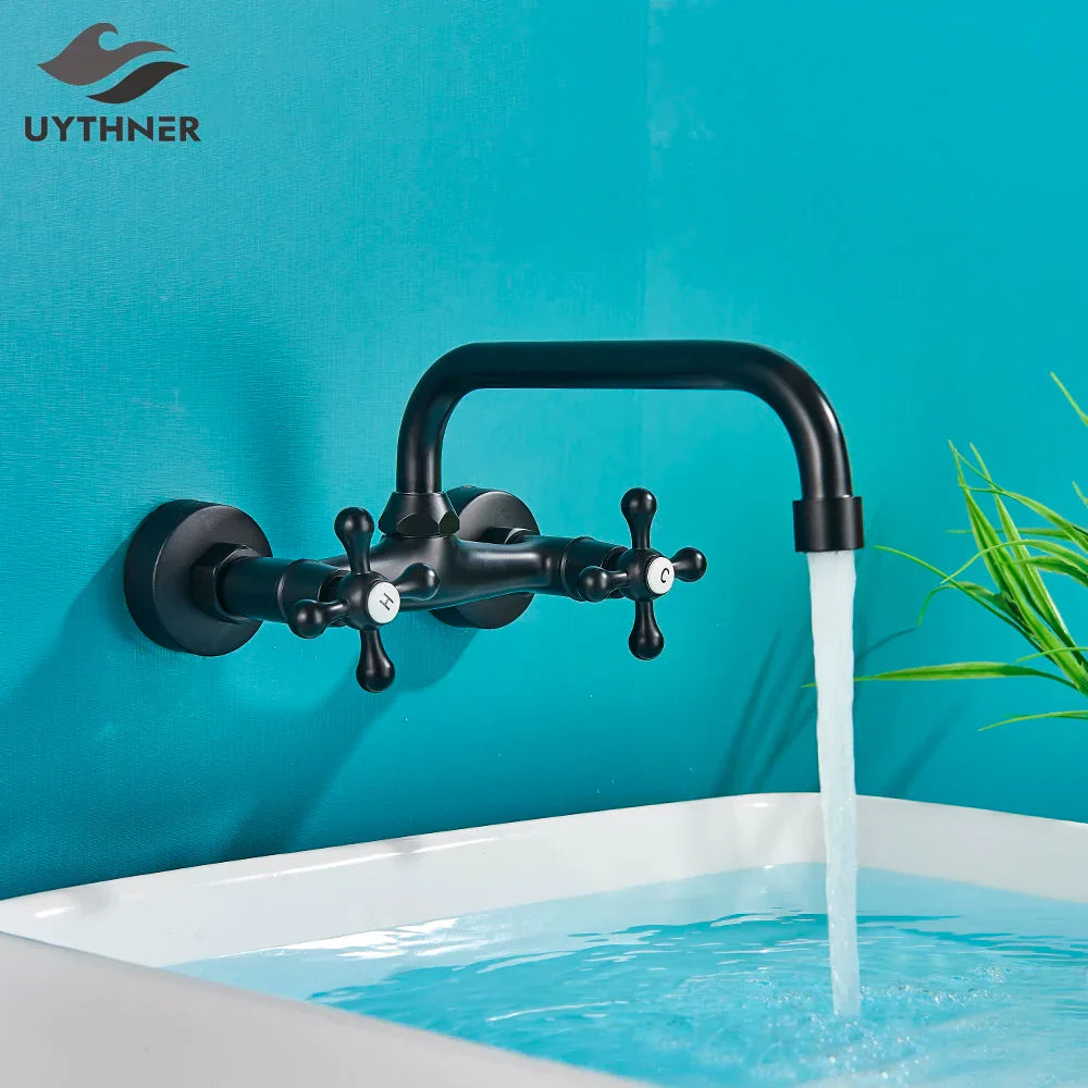 DecorBites™ Black Kitchen Faucet Mixer Tap Swivel Spout Wall Mounted Hot Cold Water