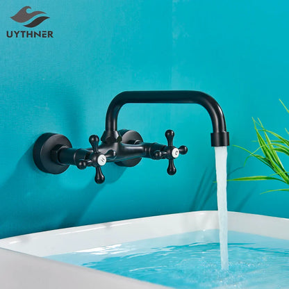 DecorBites™ Black Kitchen Faucet Mixer Tap Swivel Spout Wall Mounted Hot Cold Water
