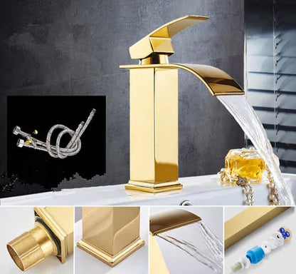 DecorBites™ Gold Waterfall Basin Faucet - Brass Mixer Tap for Bathroom Sink, Hot and Cold