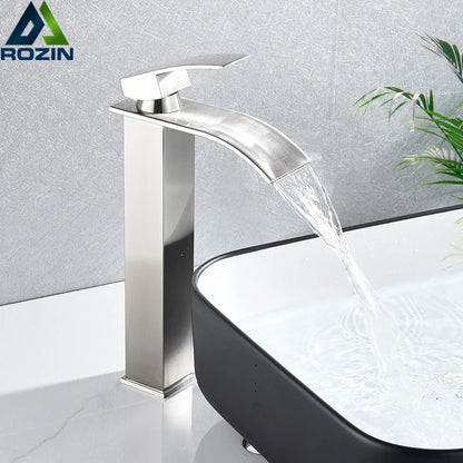 DecorBites™ Brushed Nickel Single Lever Waterfall Basin Faucet - Deck Mounted Brass Mixer