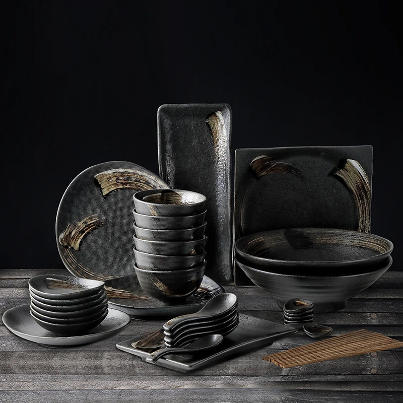 DecorBites™ Black Ceramic Sushi Plate and Rice Bowl Set