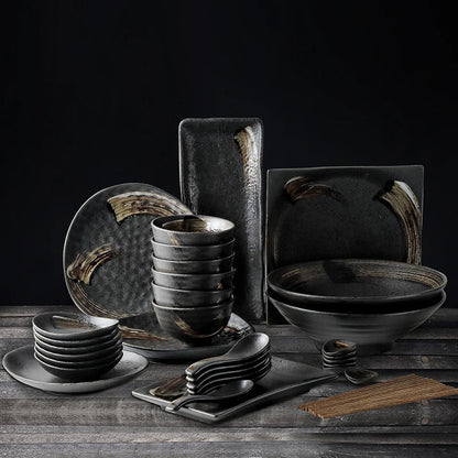 DecorBites™ Black Ceramic Sushi Plate and Rice Bowl Set