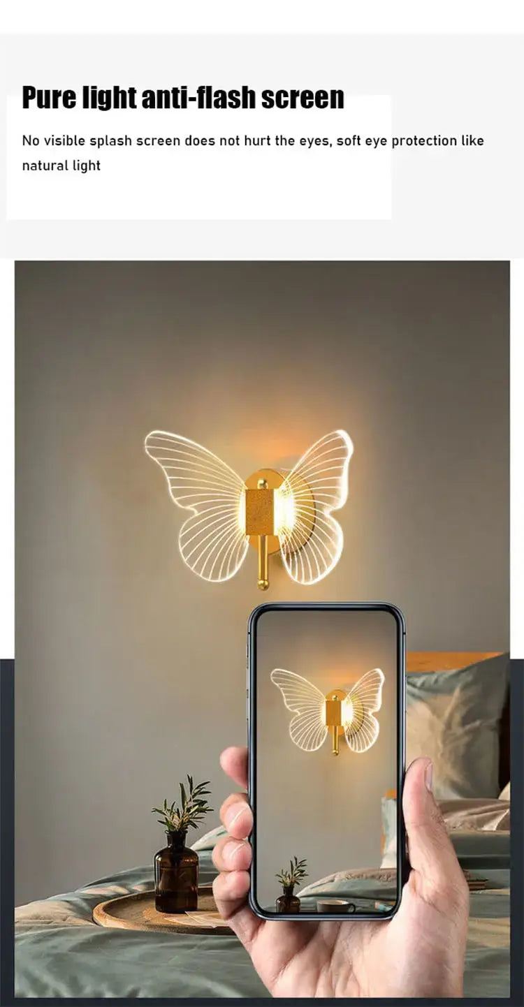 Modern nordic gold led butterfly wall lamp featuring a copper led butterfly design with translucent wings and a sleek metallic center for bedroom use.