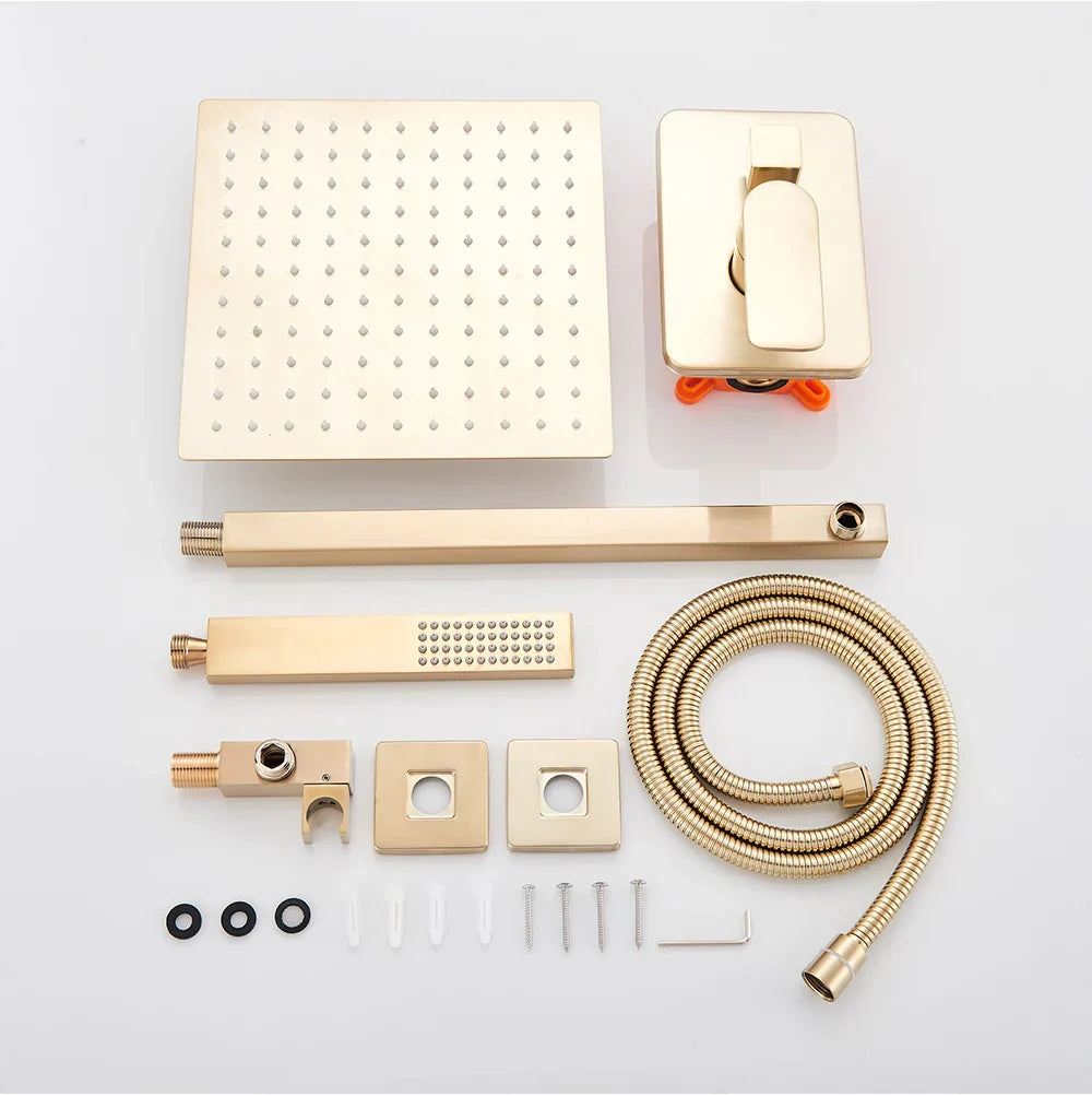 Grifo de ducha tipo lluvia ultrafino DecorBites™ en oro cepillado con montaje en pared y cabezal de 8" a 16".